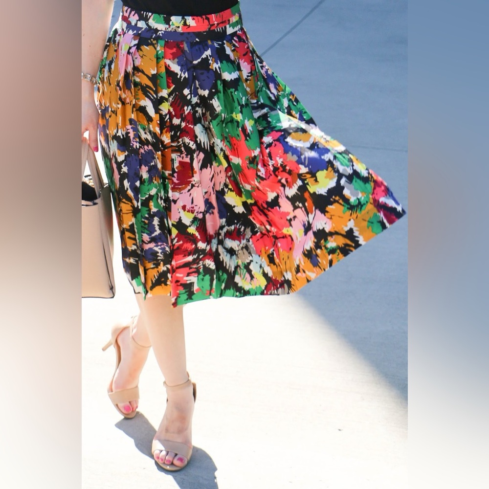 J.Crew Midi Skirt Brushstroke Floral Pink Red Blue Green Sz 4 Silk with pocket